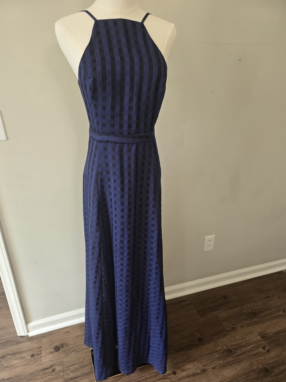 NBD Animosity Navy Checkered Open Back High Neck Maxi Dress
